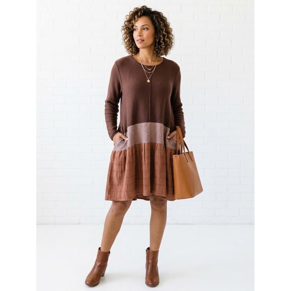 ArA Handmade Knit Tiered Colorblock Tunic Sweater Dress Cotton Brown Lagenlook